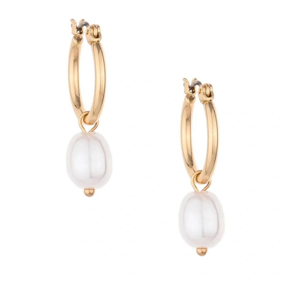 🆕 Gold Tone Removable Acrylic Pearl Huggie Earrings